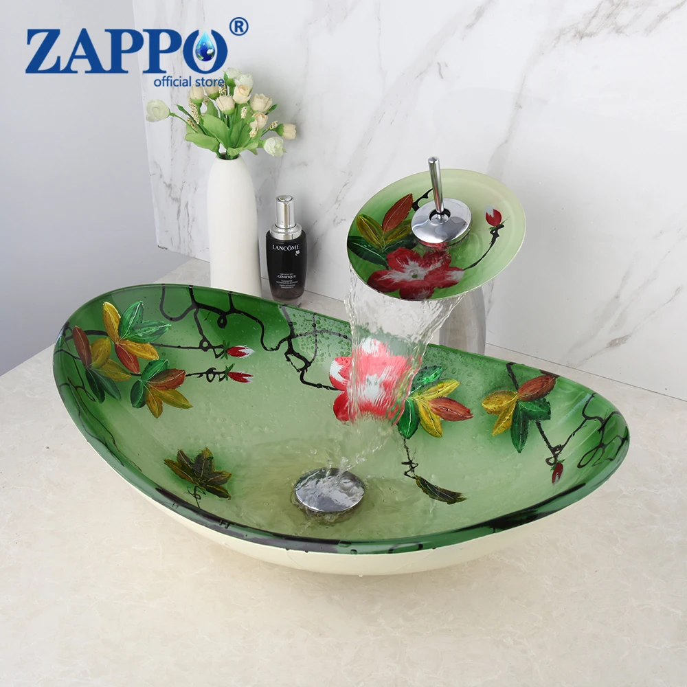 

Круглая раковина ZAPPO для умывальника из закаленного стекла, зеленый смеситель из латуни для ванной комнаты, комбинированные краны, смеситель «Водопад»