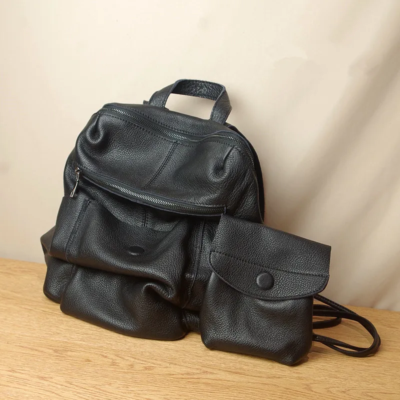 Women/Men Backpacks Genuine Leather School Bags With Crossbody Small Purse Large Capacity Outdoor Travel Knapsack 14\