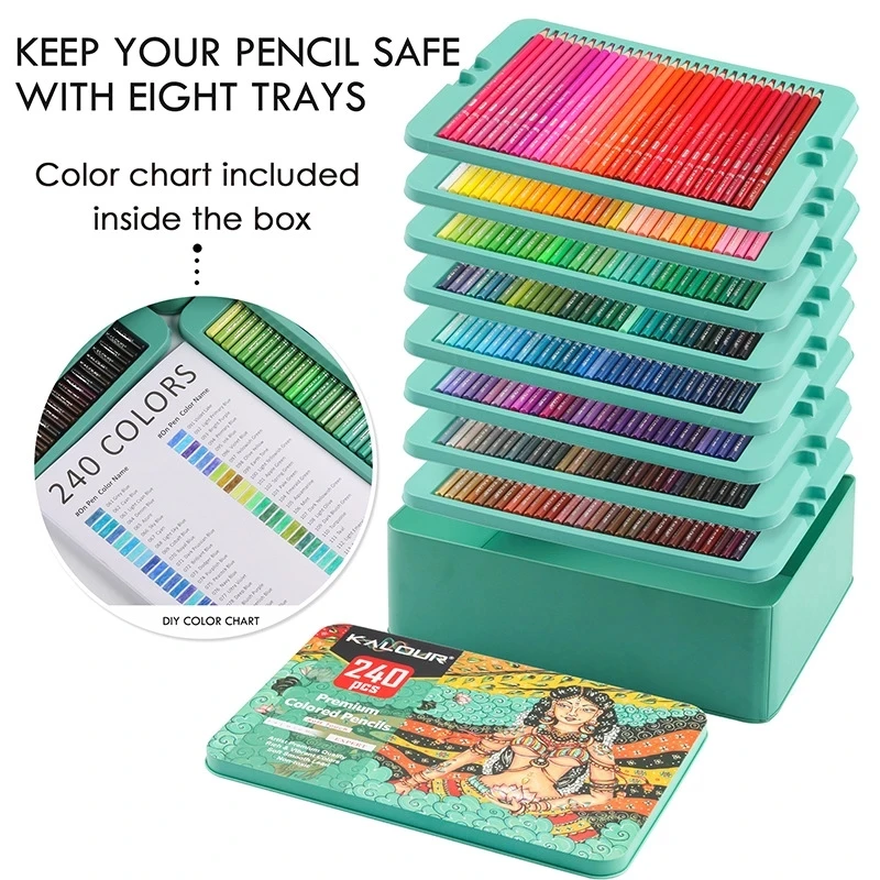 Artist Grade Soft Core Oil-based Premium 240pcs Color Pencil in Tin Box, Pre Sharpened Crayons -Ideal Christmas Gift Pens