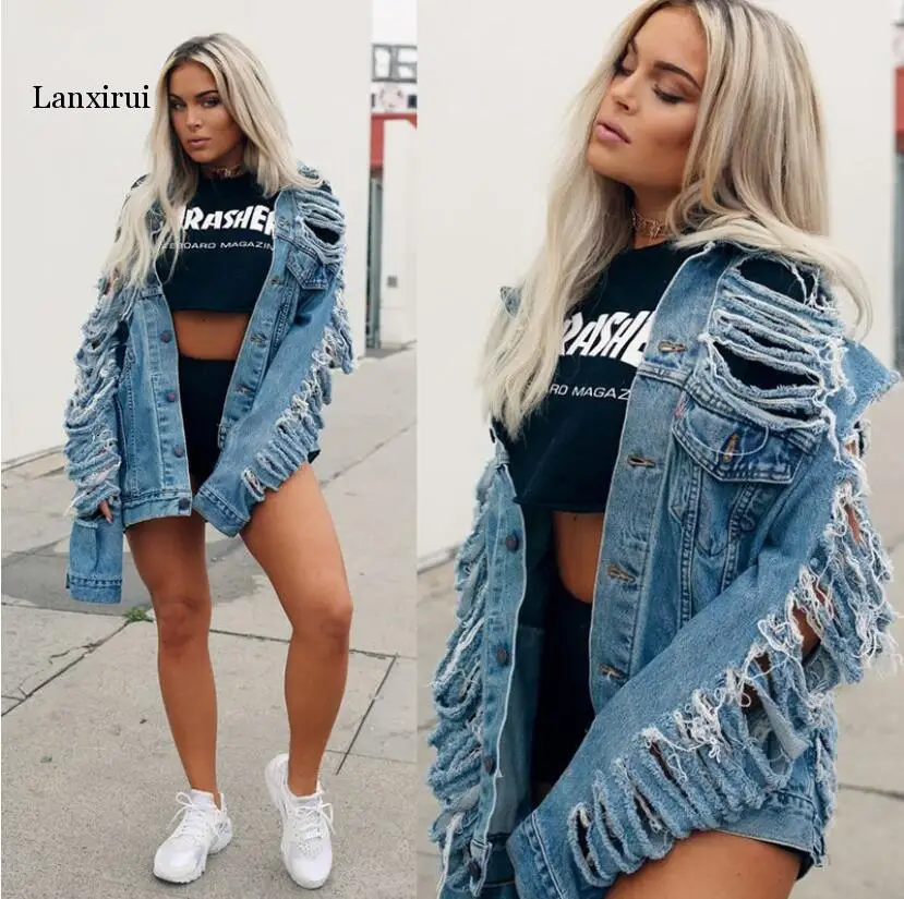 5XL  Denim Jacket New Streetwear Style Frayed Hole Long Sleeve Large Size Lady Jean Coat