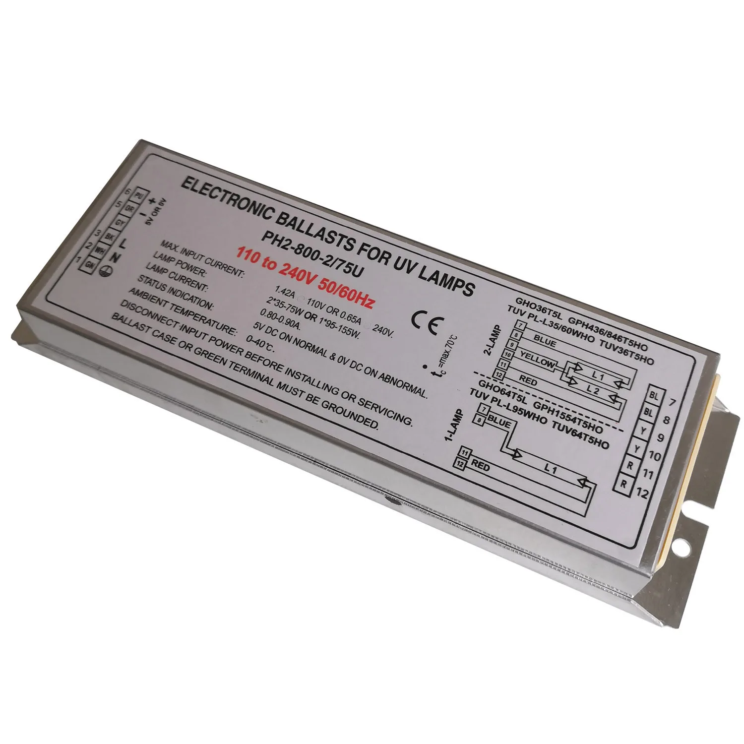 PH2-800-2/75U T5 Germicidal UV Lamp Electronic Ballasts for 1 Lamp 95W-150W or 2 Lamps 2X35W-75W with Led Indicator