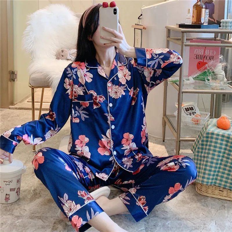 Large Size 6XL 7XL 8XL Pajamas Set Casual Sleepwear Women Satin 2PCS Shirt&Pants Lounge Wear Soft Home Clothes Pyjamas Nightwear