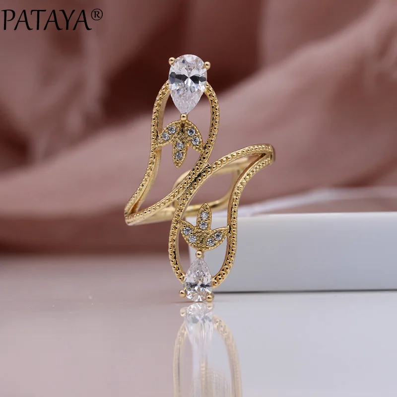 PATAYA New Water Drop Natural Zircon Rings 585 Rose Gold Color Fashion Jewelry Wedding Fine Clover Hyperbole Women Hollow Rings