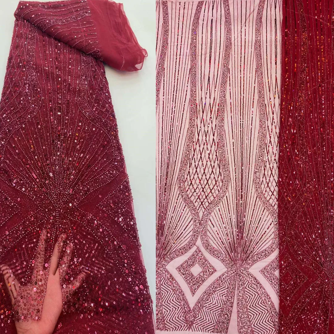 

Beautiful Dress design beaded fabric Sequin Embroidery French tulle net lace Bead Nigeria fabric For weddings Evening dresses