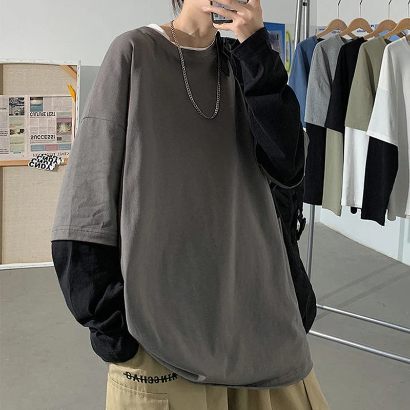 Fashion Trend Fake Two Men Clothing Spring Autumn Long Sleeve Student Teens Tshirts Harajuku White Black Gray Blue Oversize Tops