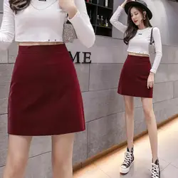 Green Fashion Burgundy Short Skirt A- Line Skirt High Kidney Autumn Woman Skirts Faldas Jupe