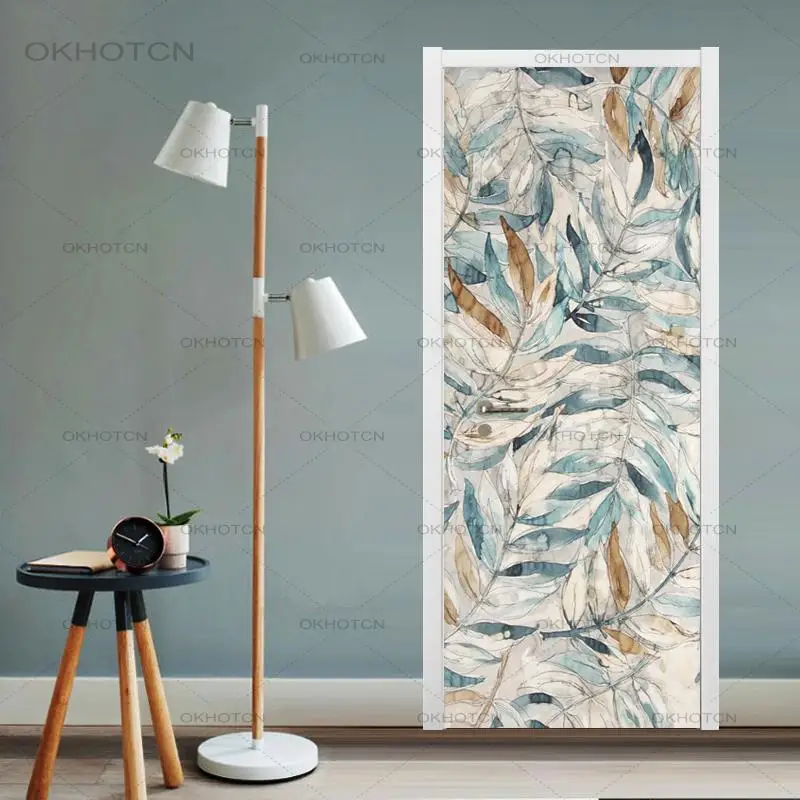 

PVC Self-adhesive Waterproof Door Sticker Modern Retro Leaf Mural Wallpaper Living Room Bedroom Door Poster Home Decor 3D Decal