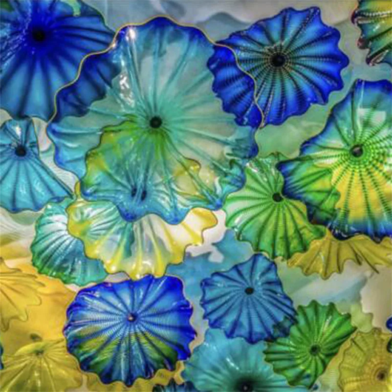 Murano Glass Flower Plates Wall Art Lamps Abstract Wall Arts and Decors Hand Blown Blue Glass Plate for Wall Hanging