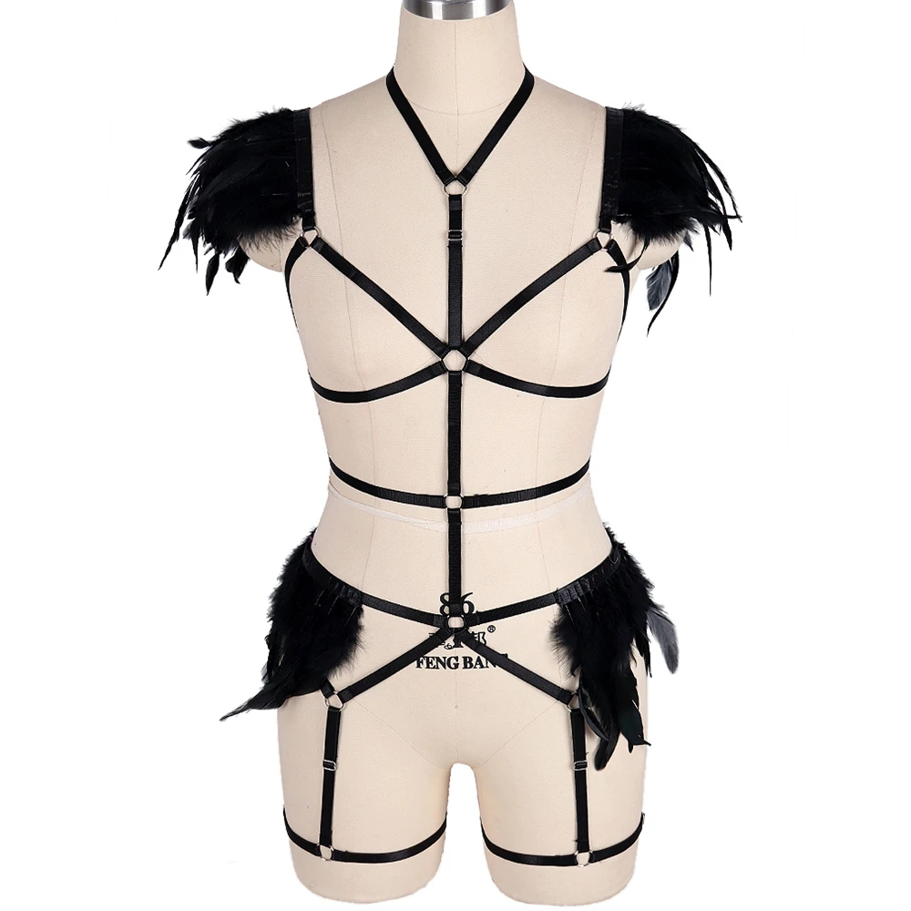 

Feather Epaulettes Cosplay Sexy Full Body Harness Bra Bondage Set Goth Steampunk Wings Halloween Festival Club Dance Rave Wear