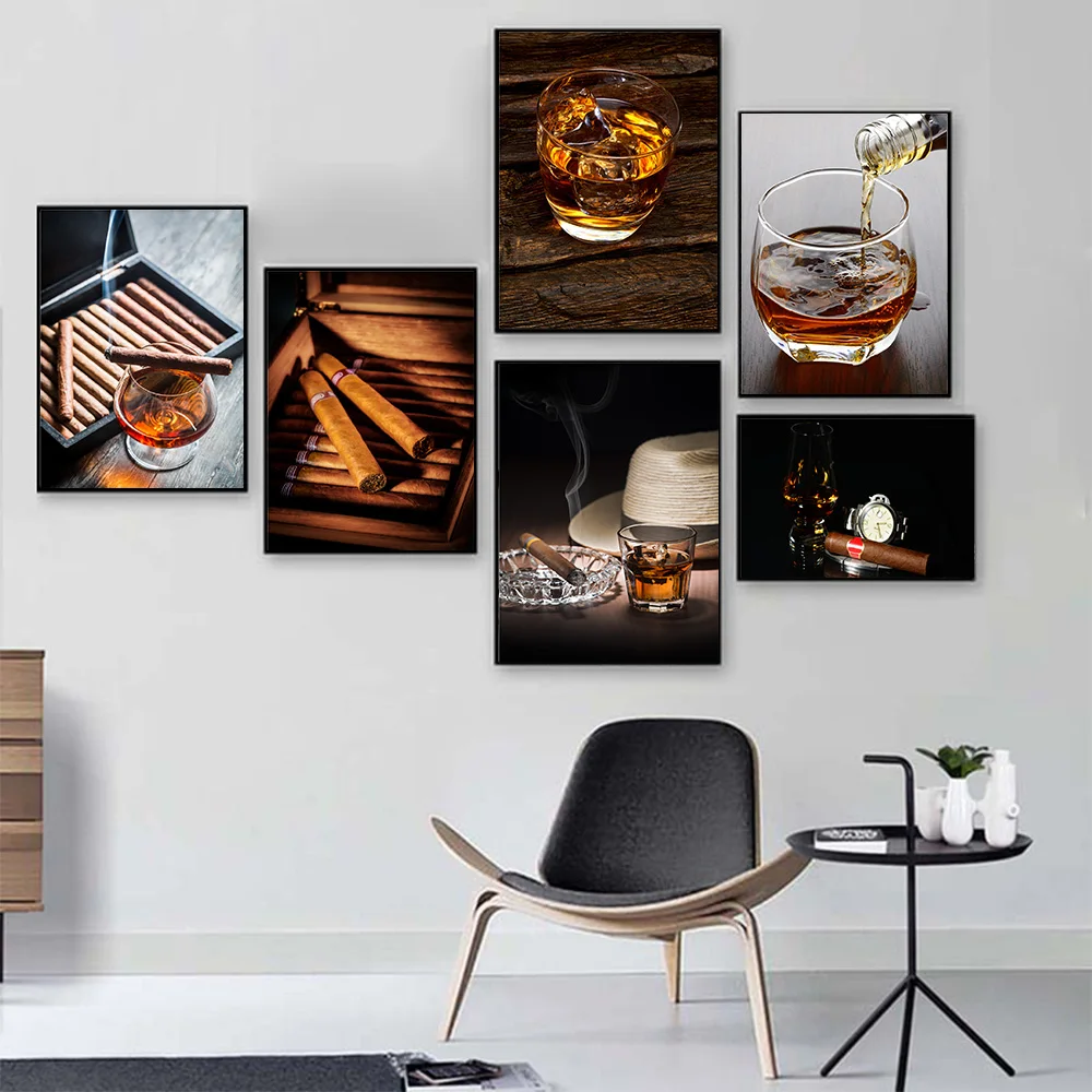 Modern Cigar and Whiskey Red Wine Canvas Painting Nordic Posters and Prints Cuadros Wall Art Picture for Kitchen Home Decoration