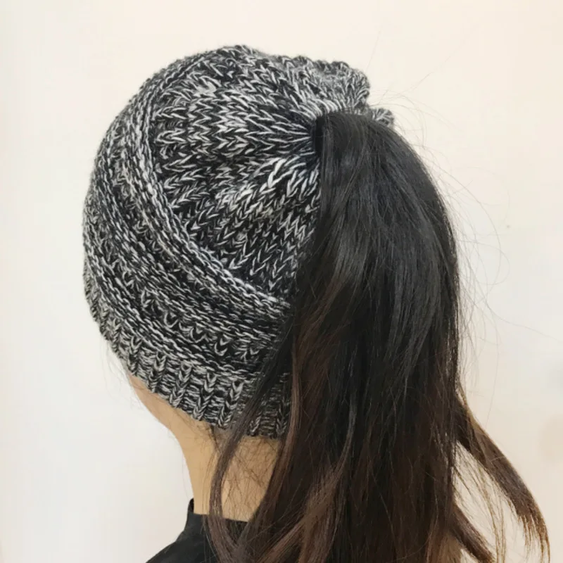 Horsetail Hat Winter Warm Cap Foldable High Quality Ponytail Cap Women Knitted Stretch Crochet Hat Hair Accessories Beanies