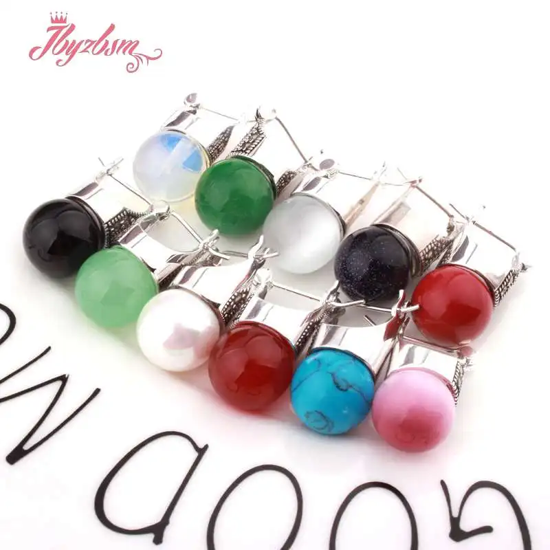 12mm Smooth Round Earrings Inlaid Gem Stone Beads Marcastie Tibetan Silver For Party Trendy Fashion Earring 1 Pair, Monther Gift