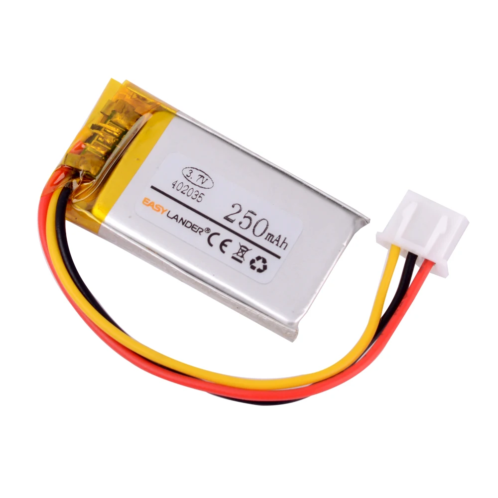 Bateria recarregável do polímero do Li-íon do lítio, 3.7V, 250mAh, 402035, JST, XHR, 2,54 milímetros, 3Pin, GPS, Mp3, Registrar, Xiaomi DVR