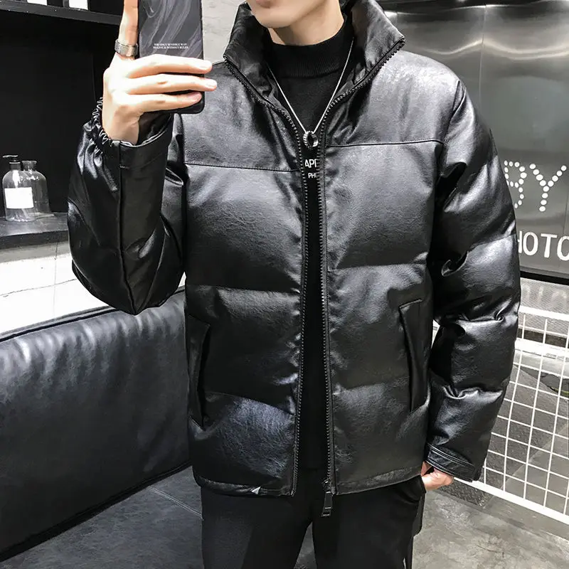 Winter Fashion Thicken Korean Style Loose and Plus-sized Men\'s Jacket Black Stand Collar Leather Quilted  Cloth Cotton