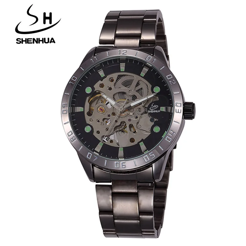 

New Black Men's Skeleton WristWatch SHENHUA Antique Steampunk Casual Automatic Skeleton Mechanical Watches Male Clock Hour