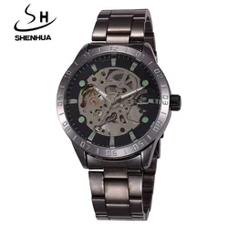 New Black Men's Skeleton WristWatch SHENHUA Antique Steampunk Casual Automatic Skeleton Mechanical Watches Male Clock Hour