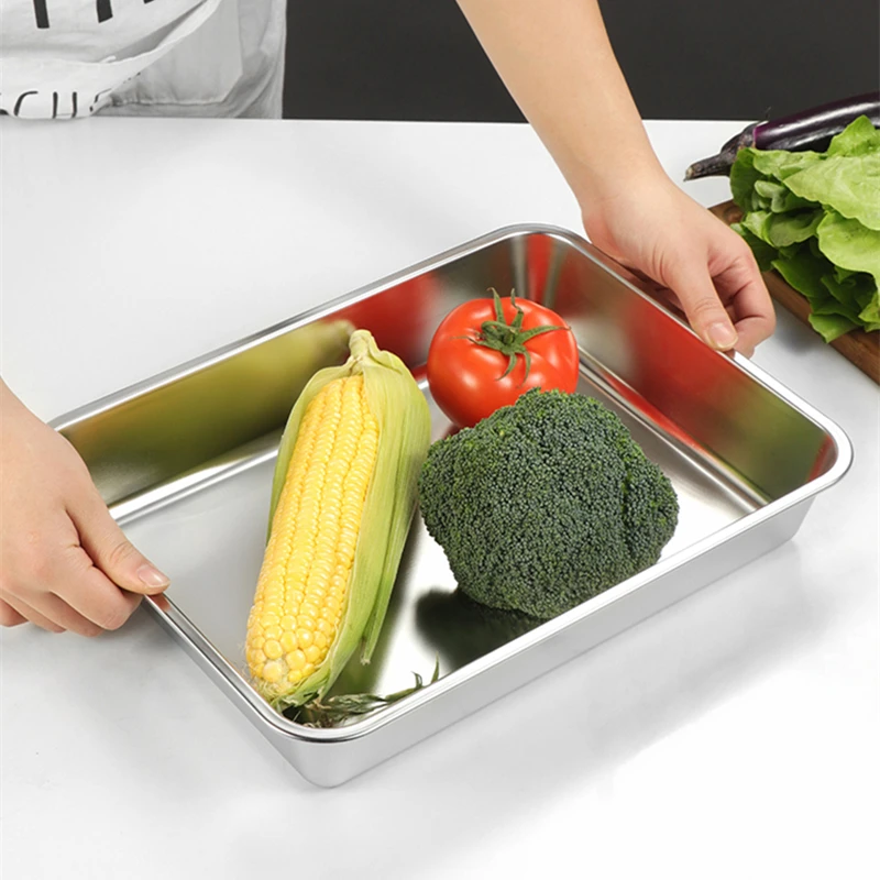 Stainless Steel Rectangle Deepen Storage Tray Dinner Plate Oven Cake Baking Pan Bread Bakeware Food Container Kitchen Accessorie