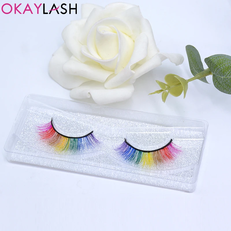 OKAYLASH 2021 Newest 7 Colors Rainbow Eyelashes Princess Cilia Real Mink Fluffy Colored False Lashes for Halloween Party Cosplay