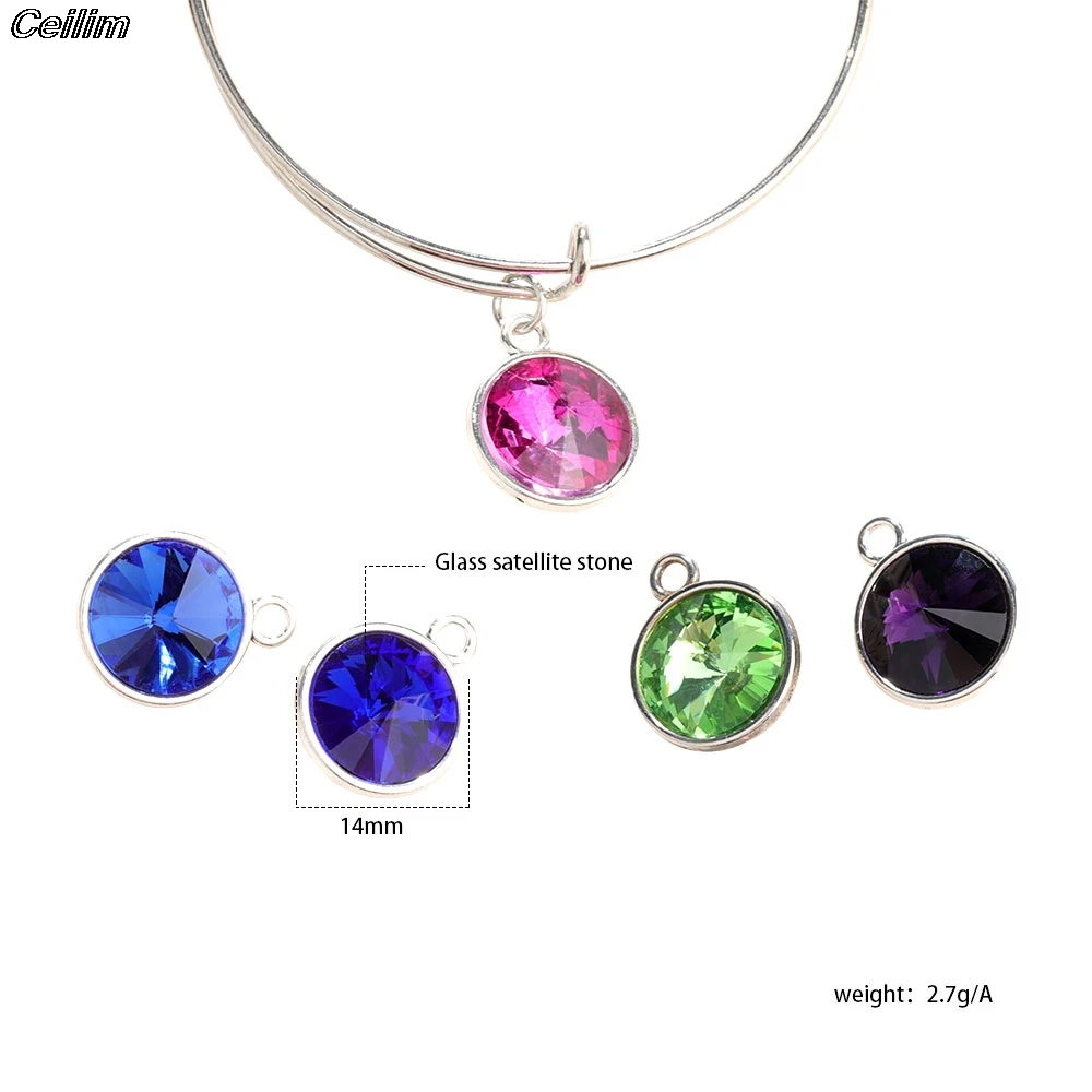 10Pcs Colorful DIY Ring Bangle Crystal Rhinestone 14MM Birthstone Charm Pendant For Birthday Gift Jewelry Accessories