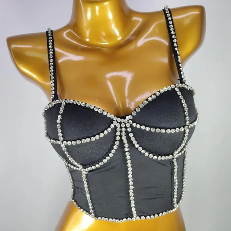 

Rhinestone Top With Built In Bra Push Up Bralette Sleeveless Top Women Bustier Crop Off Shoulder Sexy Nightclub Camis 2021 p34