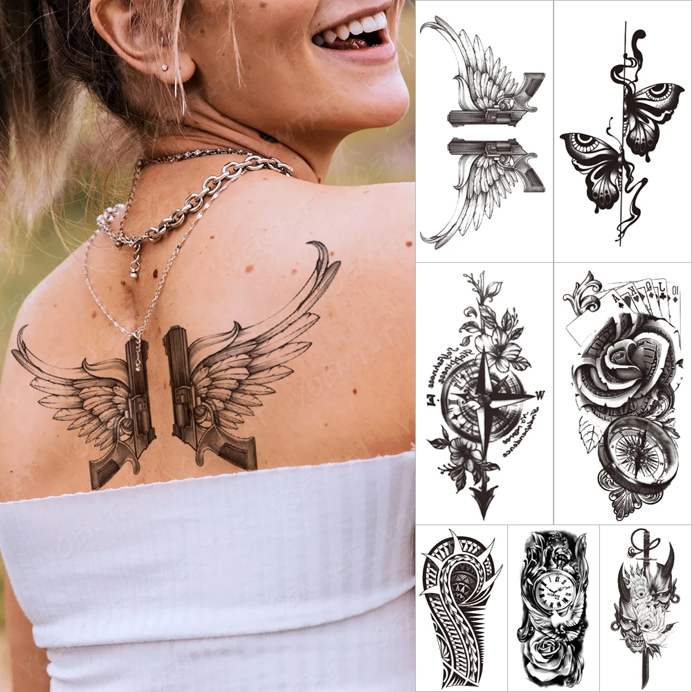 

Transfer Waterproof Temporary Tattoo Sticker Black Gun Wing Feather Rose Compass Flash Tatto Body Art Arm Fake Tattoos Women Men