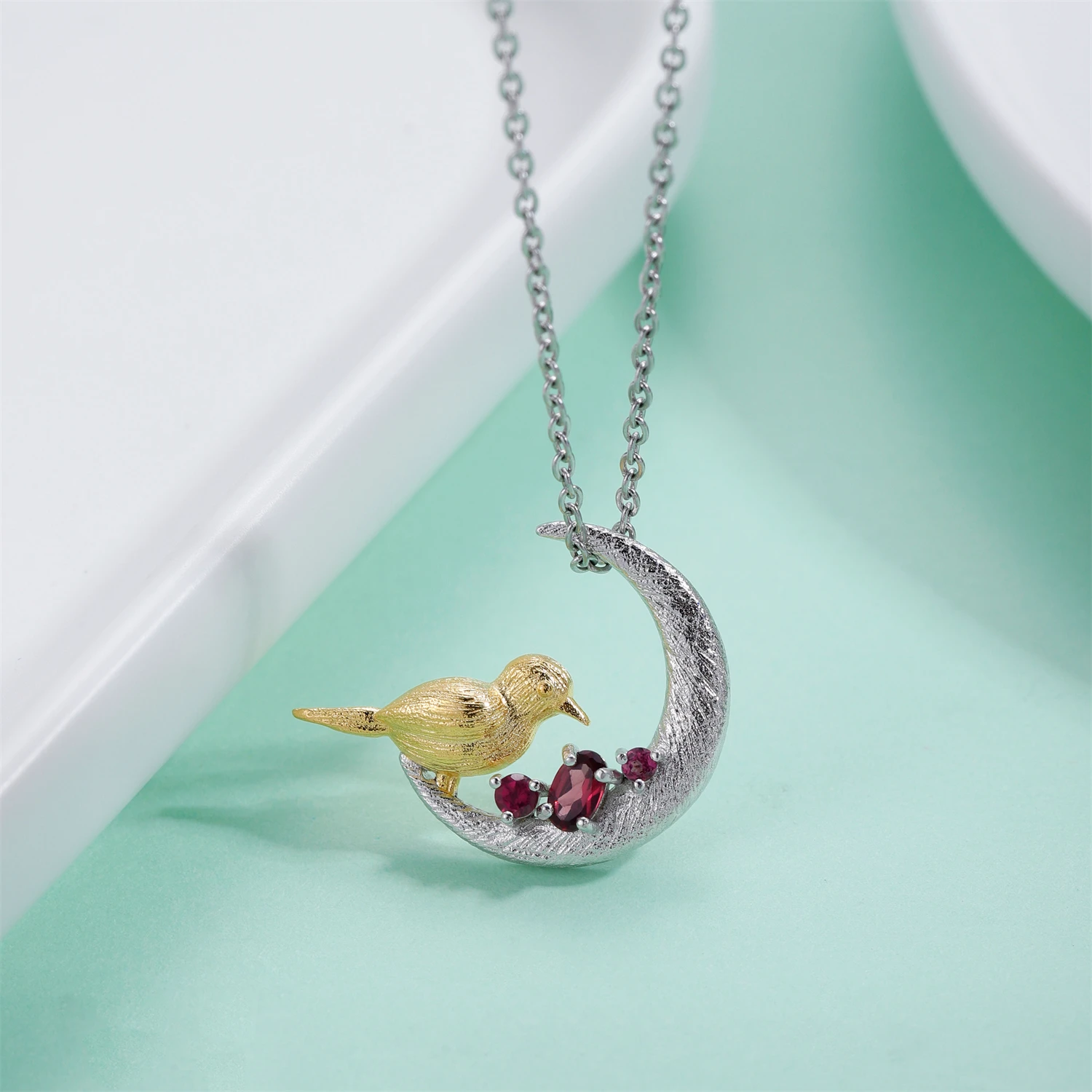 GEM'S BEAUTY 925 Sterling Silver Necklace For Women Moon 18K Gold Filling Bird Natural Oval Rhodolite Handmade Necklace
