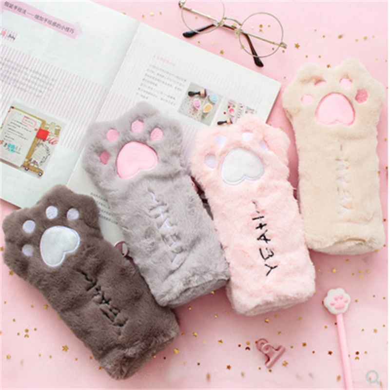 1pcs Kawaii Creative pencil case Cartoon cat paw cute girl plush octagonal pen bag girl student simple storage bag