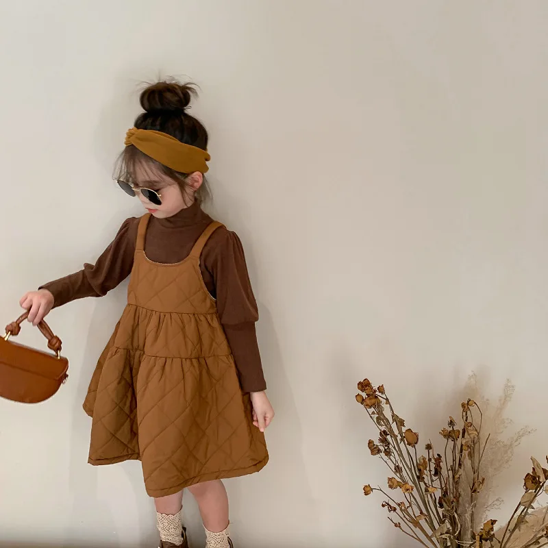 Traje de Cuello medio alto para niña, camisa de fondo gruesa + vestido de chaleco, ropa de otoño e invierno, ropa de Navidad para niños, nuevo