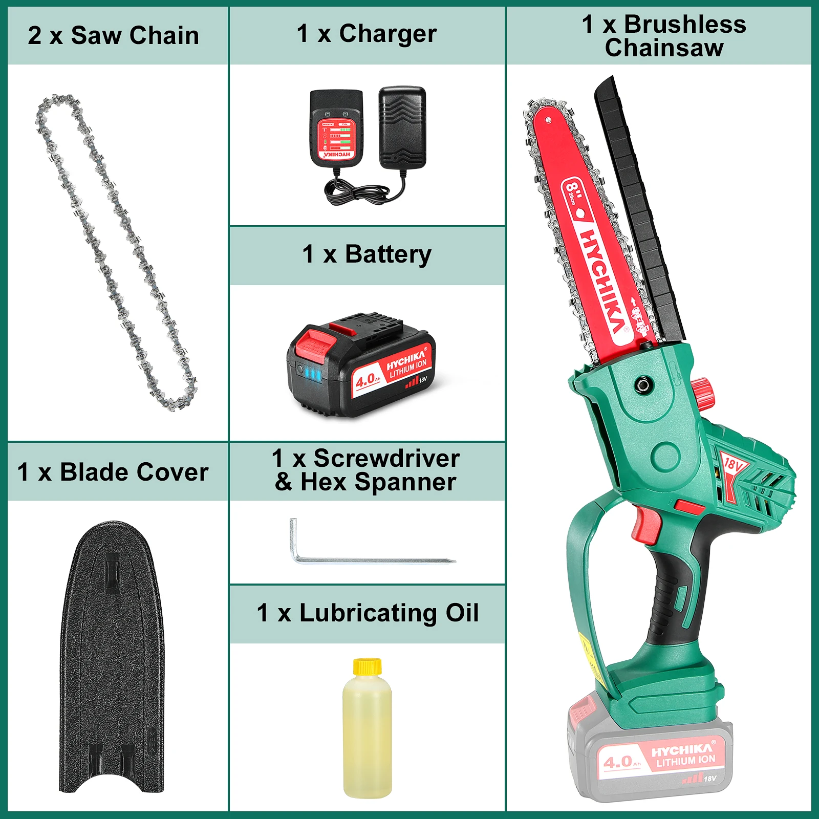 HYCHIKA Brushless Cordless Chain Saw 18V 6 Inch Mini Rechargeable Chainsaw with Battery-powered Electric Saw Tools for Cutting