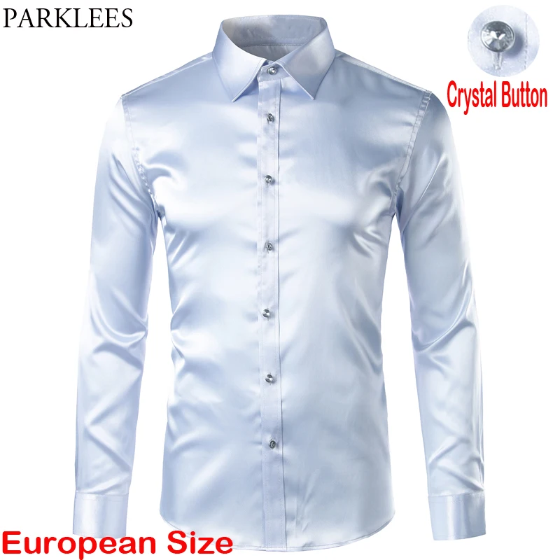 Silver Satin Luxury Dress Shirt 2020 Brand Slim Fit Silk Casual Dance Party Long Sleeve Wrinkle Free Tuxedo Shirts Chemise Homme