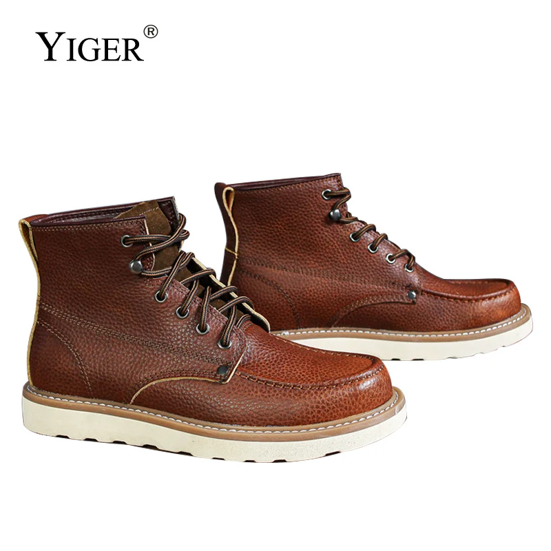 YIGER Men's Boots Man Casual Boots Cowhide boots Vintage British outdoor mark tooling shoes high-top Boots Lace up Man 2023 New