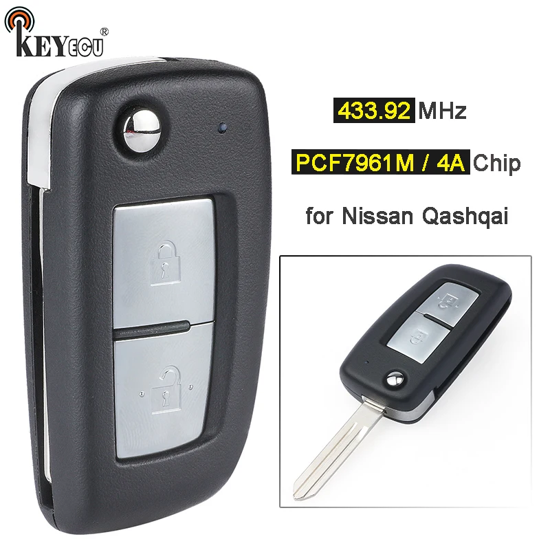 

KEYECU 433.92MHz PCF7961M / 4A Chip Replecement Flip Remote Key Fob 2 Buttons for Nissan Qashqai 2019 2020 Yellow Led