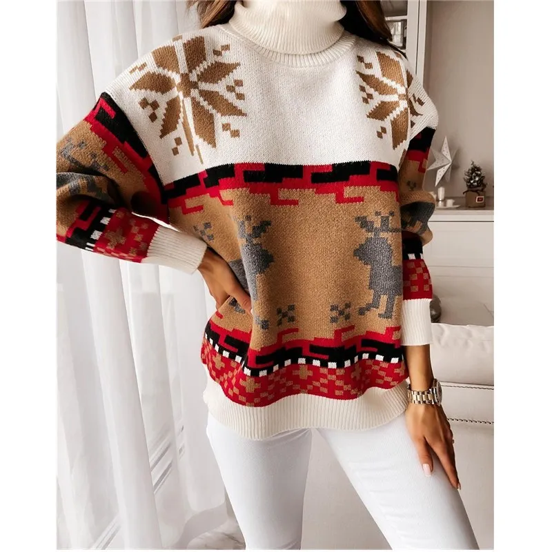 Women\'s Christmas Turtleneck Sweaters Long Sleeve Elk Snowflake Pattern Loose Knit Tops Women\'s Pullovers Streetwear Autumn