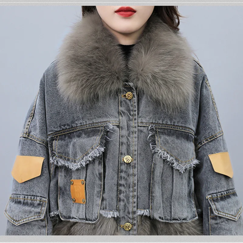 Casual Denim Jacket Women Winter New Fashion Denim Imitation Fox Fur Stitching Fur Coat Parkas Oversized Workwear Thick Outwear