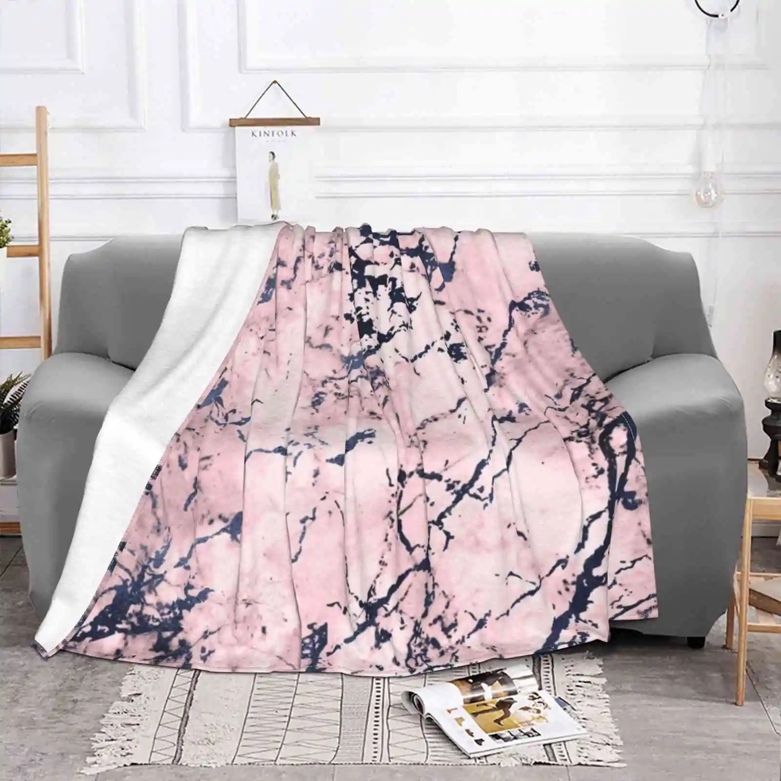 Navy And Blush Marble Air Conditioning Blanket Soft Warm Light Thin Blanket Navy Pink Marble Luxury Ele Pattern For Women For