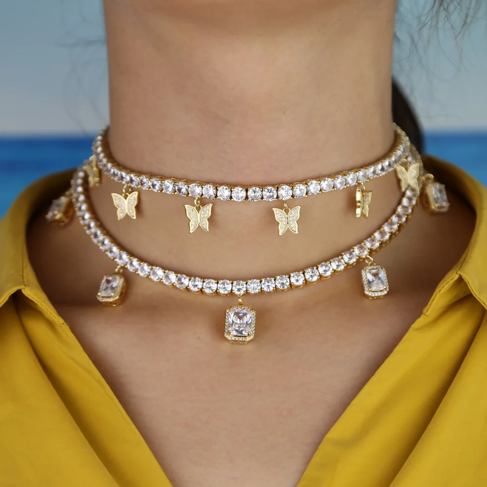 2025 Gold Color Iced Out Bling Hip Hop Women Charm Jewelry Geometry Heart Arrow CZ Tennis Chain With Butterfly Choker Necklaces