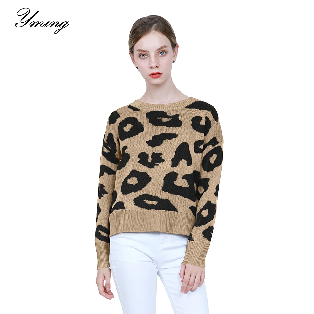 

YMING Women's Leopard Print Sweater Fashion Solid Casual Pullovers O-Neck Knitted Robe Long Sleeve Sweaters Loose Female Sweater