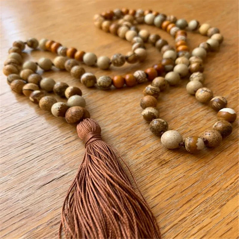 

6mm Natural Picture Stone Gemstone 108 Beads Tassel Knot Necklace Yoga Prayer Spirituality Reiki Healing Handmade Lucky Pray