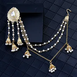 Sunspicems Fashion Indian Earring Link Headdress Jewelry Handmade Bead Chain With Metal Pendant Gold Color Bridal Bijoux Gift