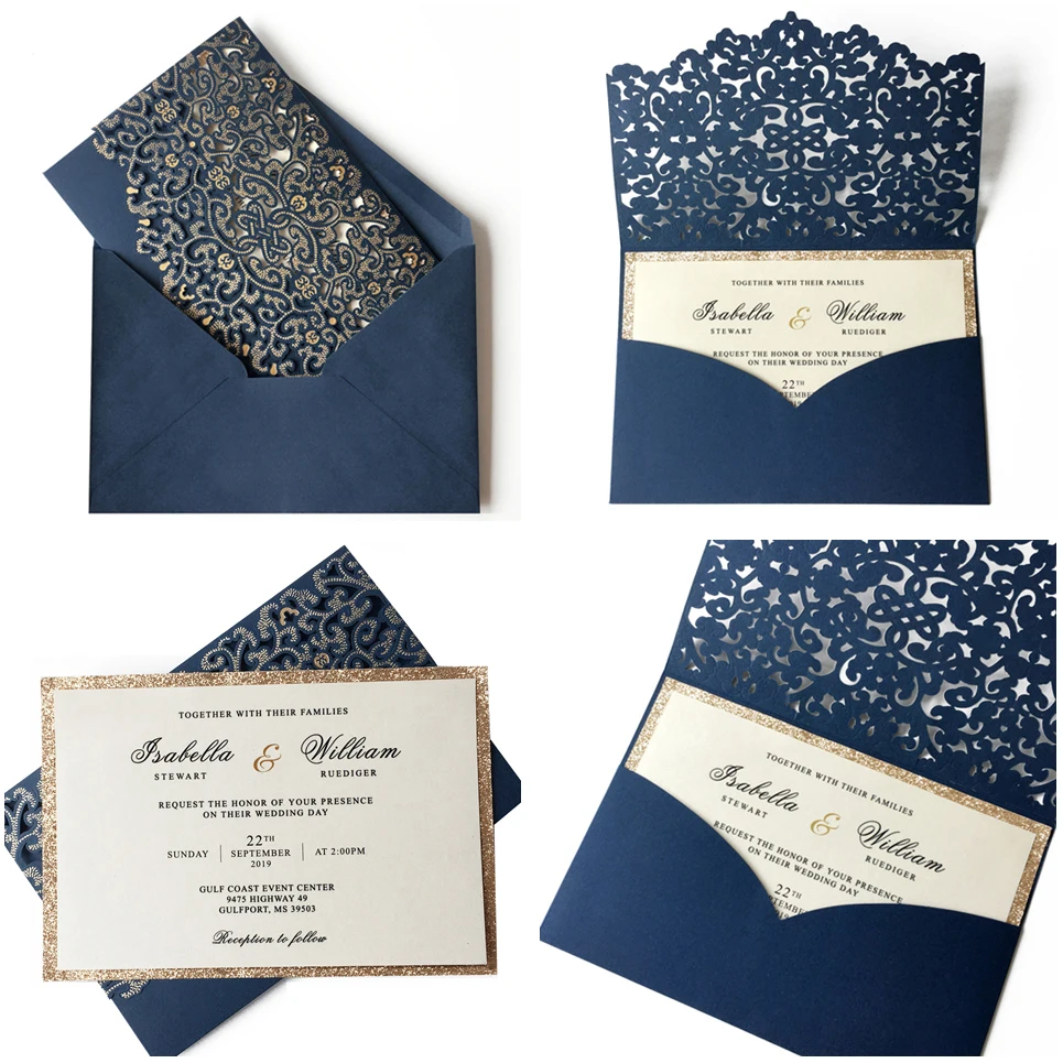 

Navy blue Wedding Invitations Laser Cut Invitation Cards Pocket Invitations With Gold liner - Set of 50pcs