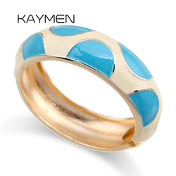 Fashion Round Colourful Enamel Statement Hinge Bangles Cuff Bracelet for Women Teens, Gold Plating Unique Chunky Bracelet