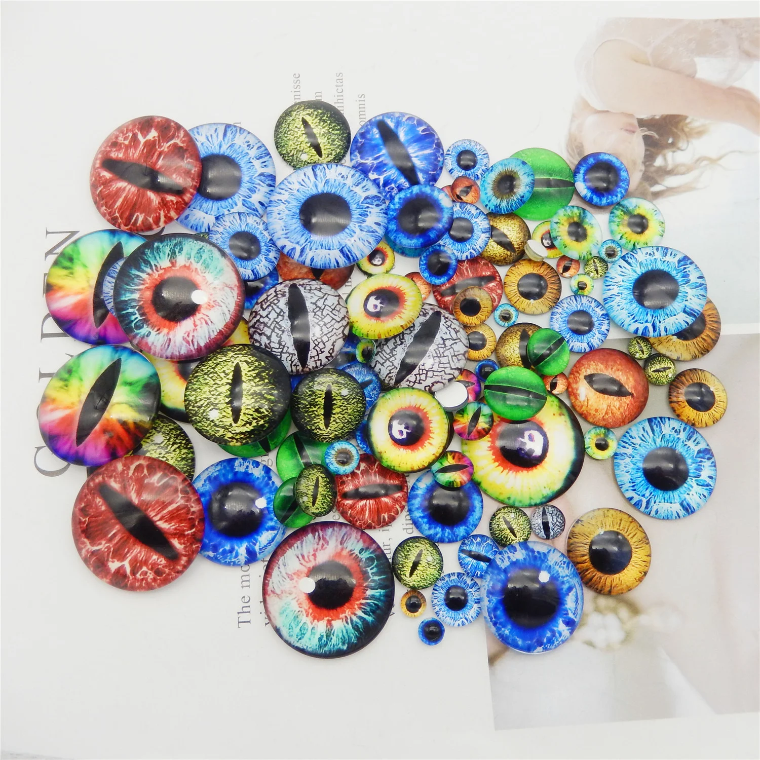 90-100PCS Mixed Glass eyes cabochons Round 6-30MM Round Dome Dragon Eye Animals Cat Eye Toys DIY Jewelry Accessory Pupil Cameo