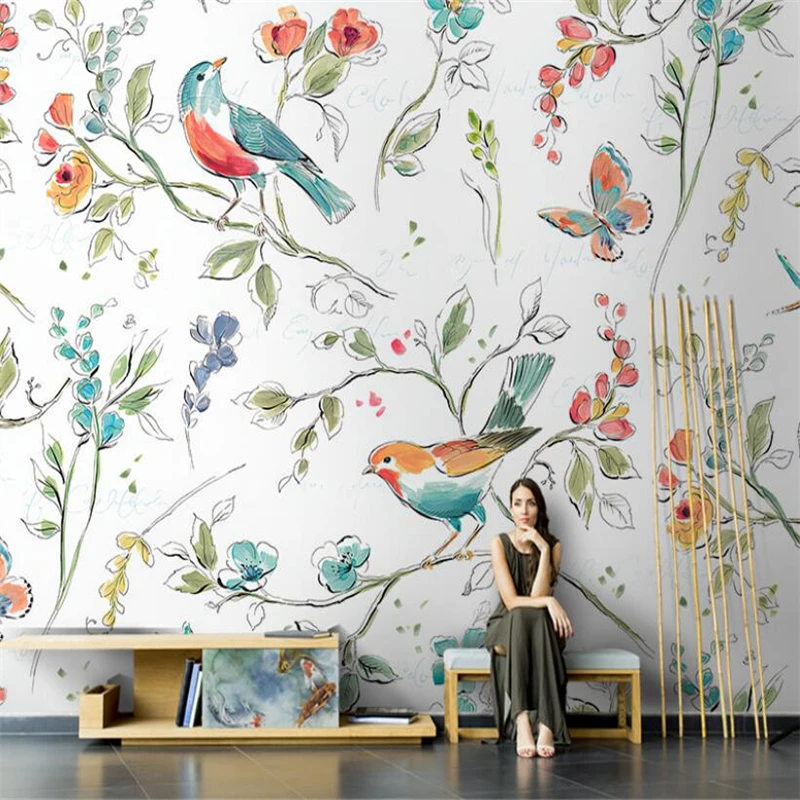 Custom 3d wallpaper mural American pastoral hand-painted flowers and birds living room TV background wallpaper