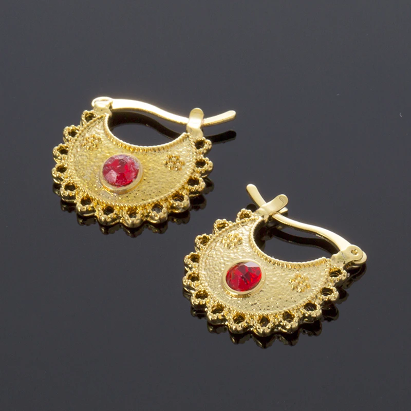 1.5CM Gold Color Earring Ethopian BIG Red Stone Jewelry African Women Wedding Gift,Hebasha Middle East Decoration for Ears