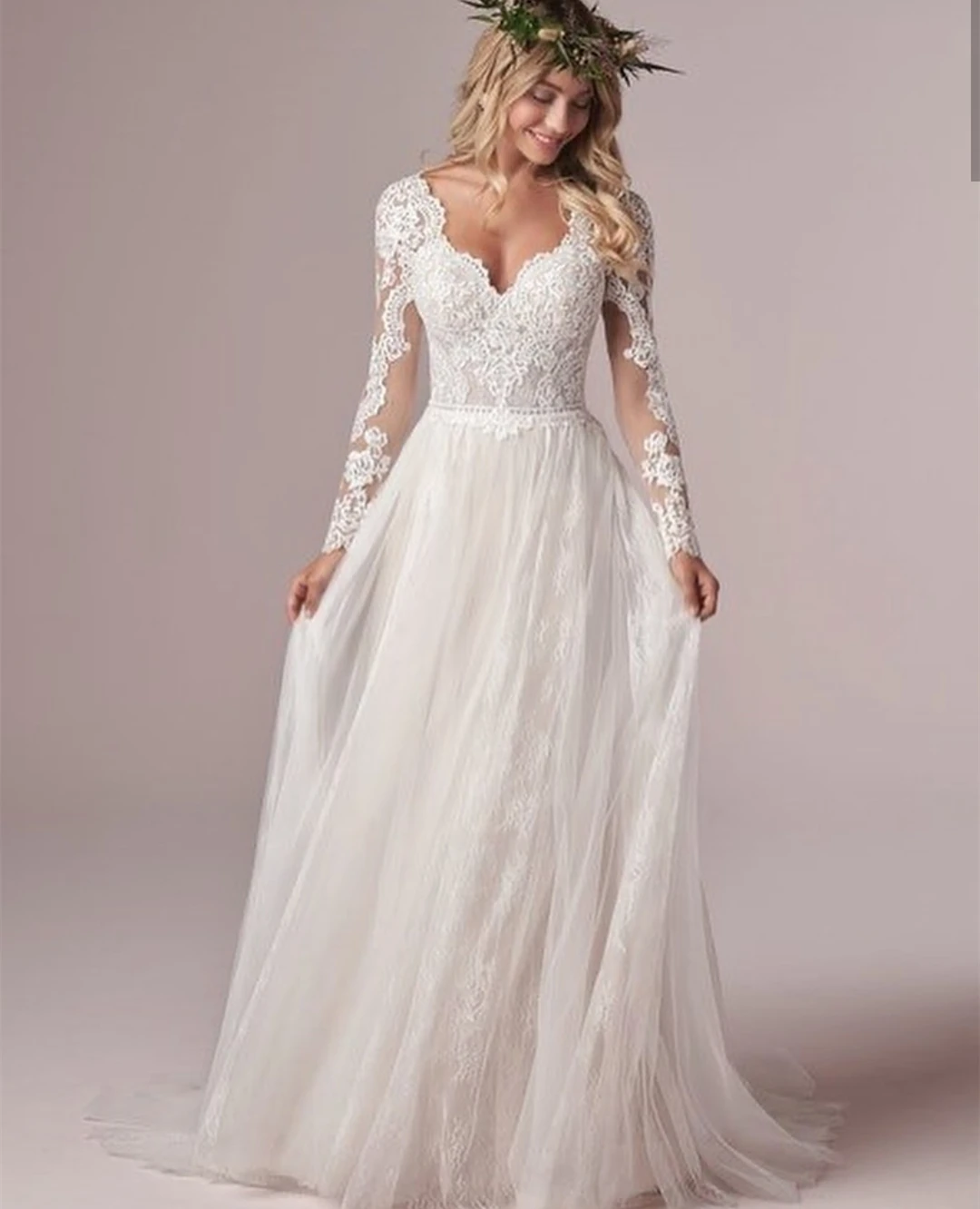 Lsyx Abito da sposa bohémien personalizzato a maniche lunghe Corsetto con schienale basso Lunghezza pavimento Applicazioni in pizzo Abito da sposa in chiffon di tulle