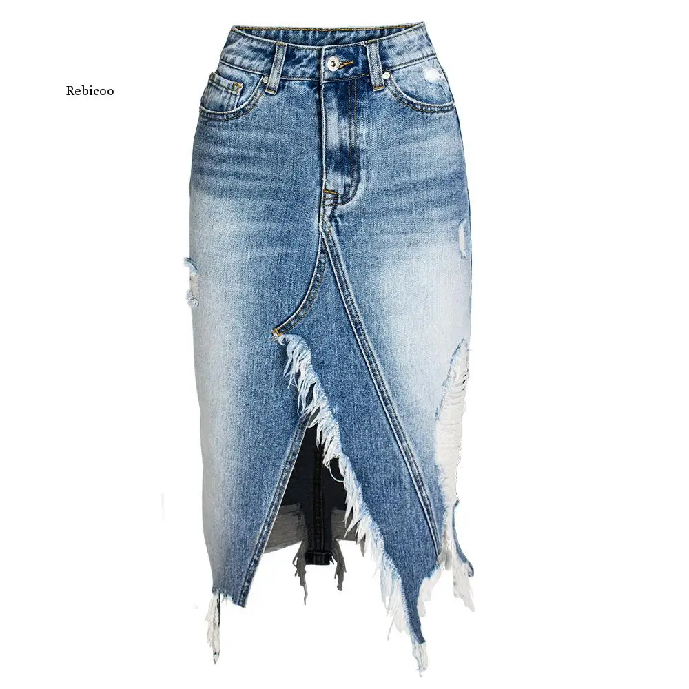 Ripped Denim Skirts Womens Asymmetrical Pencil Jean Skirt Ladies High Split Midi Skirt  2XL 3XL