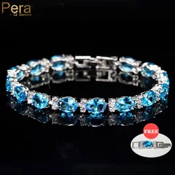 Pera Fashion Summer Style Light Blue Crystal Tennis Bangles for Women Silver Color Big Round Cubic Zirconia Link Bracelets B107