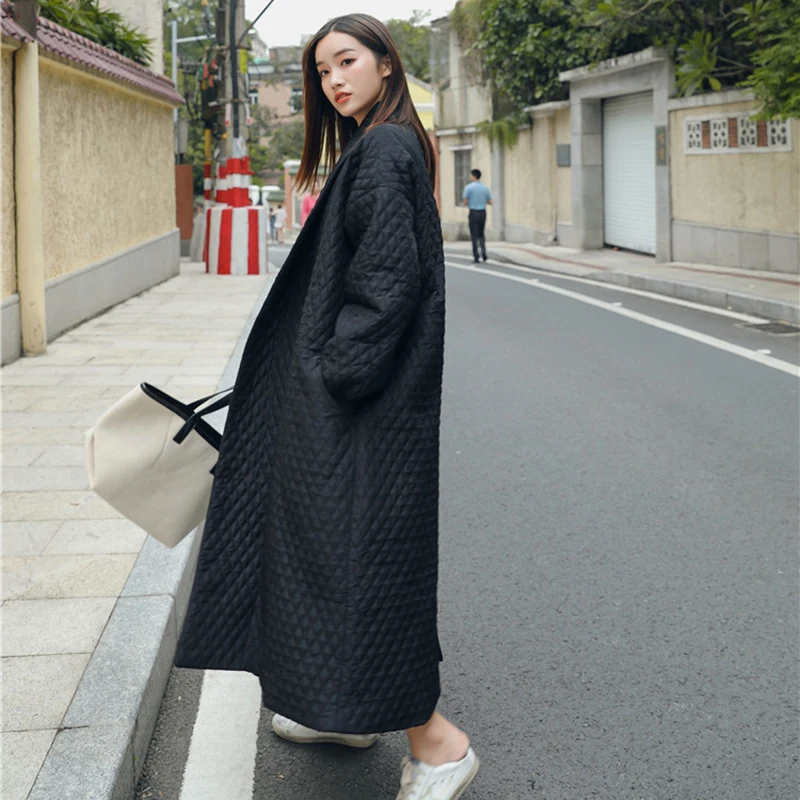 LANMREM New Street Thin Style Black Oversize Lapel Back Vent Button 2024 Female\'s Long Cotton Coat Jaqueta Feminina WTH1201