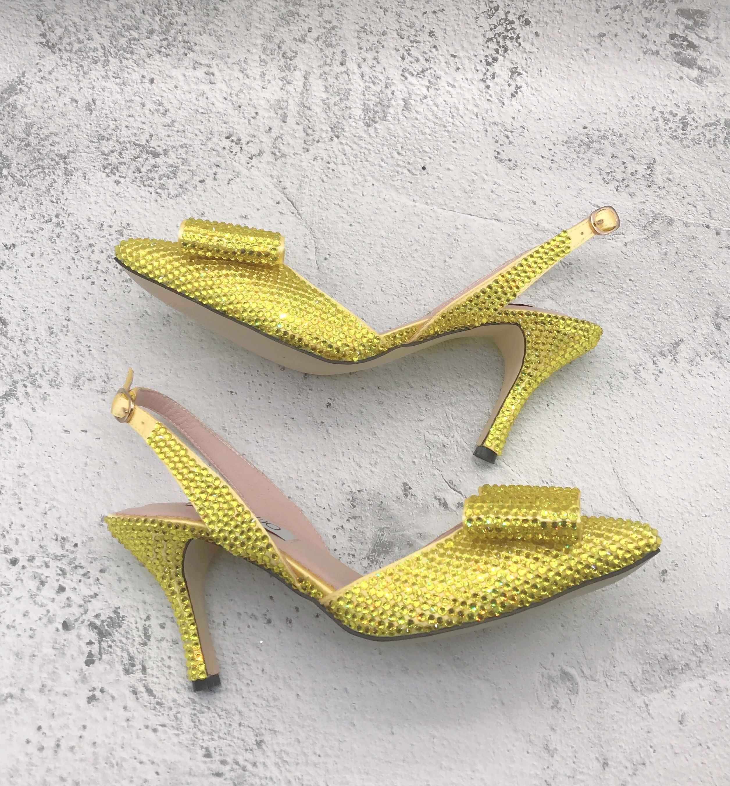 BS1317 Custom Handmade Women  Dress Pumps Slingbacks  Lemon Yellow Sparkle Crystal Bow Bridal Wedding Shoes And Bag Set