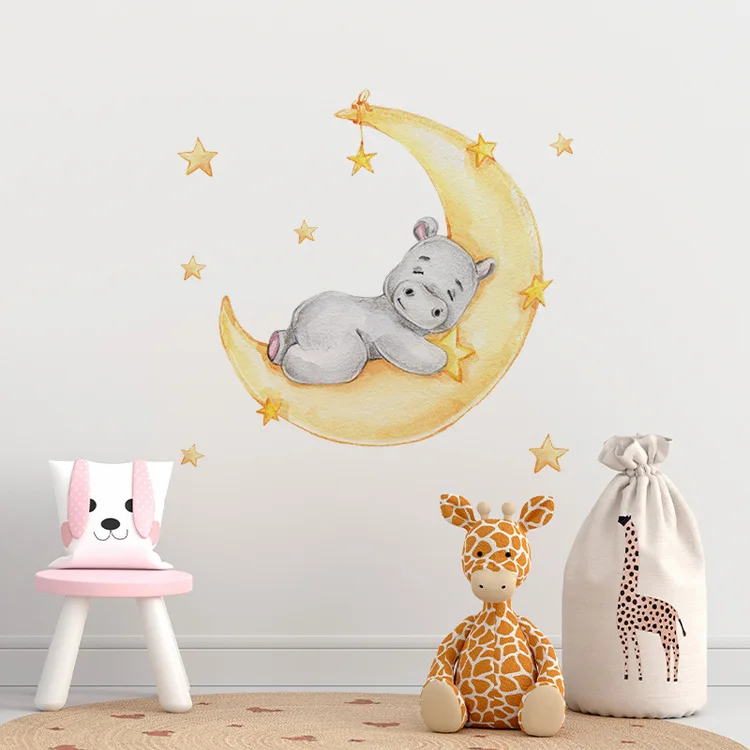 Cartoon-Wandaufkleber mit Mond und Nilpferd für Kinder, Babyzimmer, Dekoration, Zuhause, Wohnzimmer, Hintergrund, Wandbild, Tiere, Verschönerung der Tapete – Detail 3